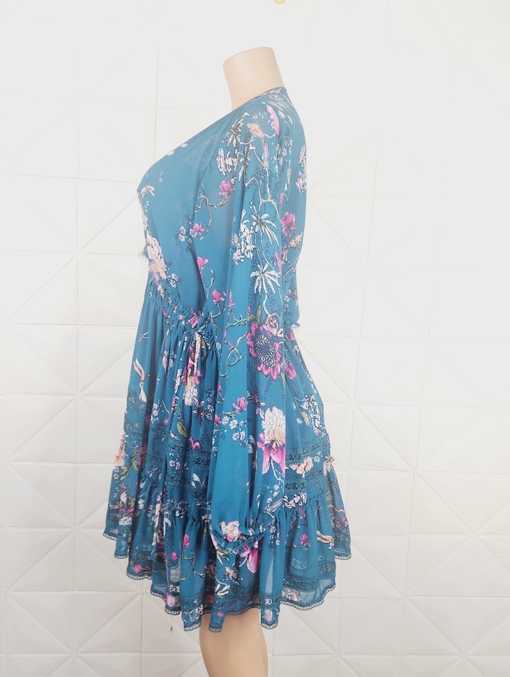 Free People Teal Dress with Pink Bird Print - Picture 4 of 6